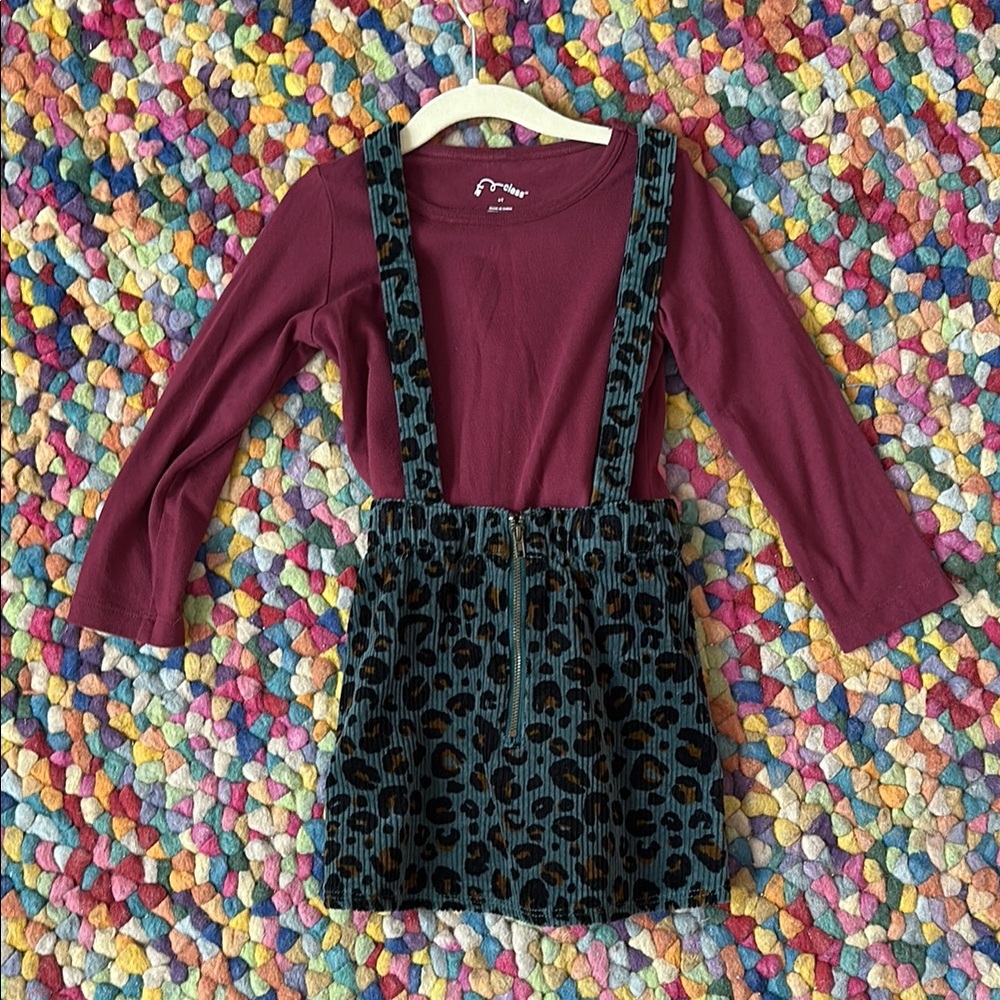 Girl's Top with Leopard Print Skirt Set